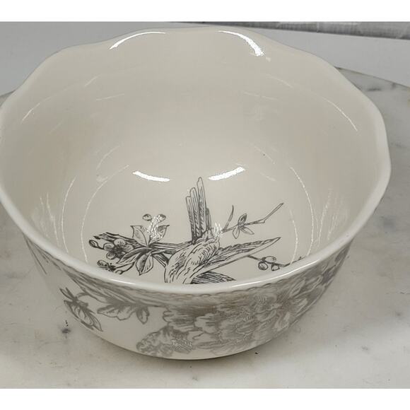 222 Fifth Adelaide Bowl 5.5" Silver Floral Bird White Porcelain Round Scalloped - Picture 9 of 14